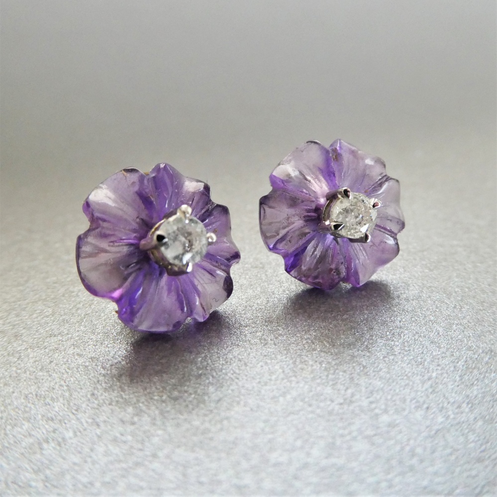 Beryl Lane - Flower Carved Amethyst & Diamond Stud Earrings in 9ct ...