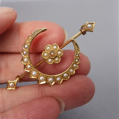 Beryl Lane - Victorian 15ct Gold Seed Pearl Crescent Flower Bar Brooch ...