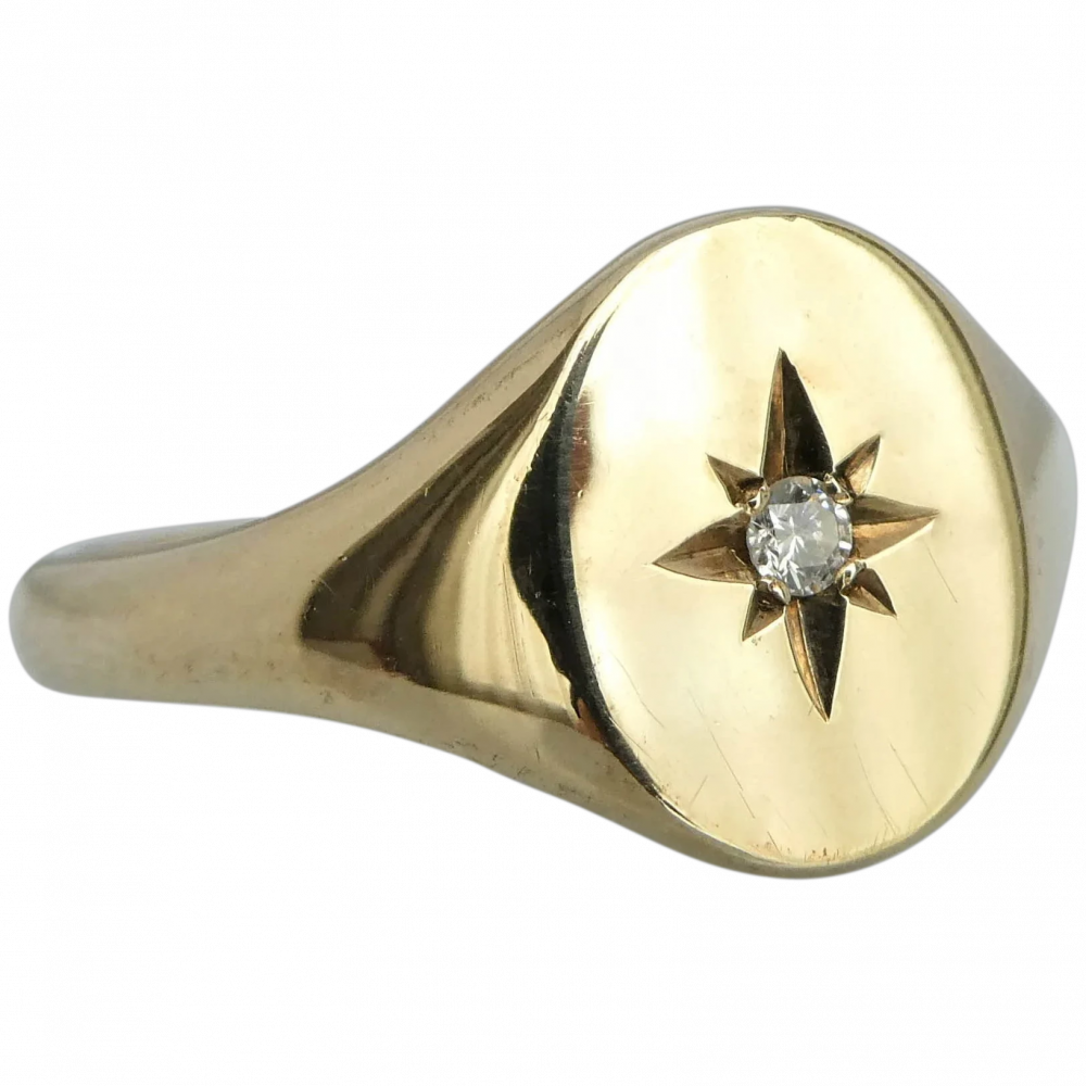 9ct Yellow Gold on Silver Diamond Compass Signet Ring ALL SIZES 