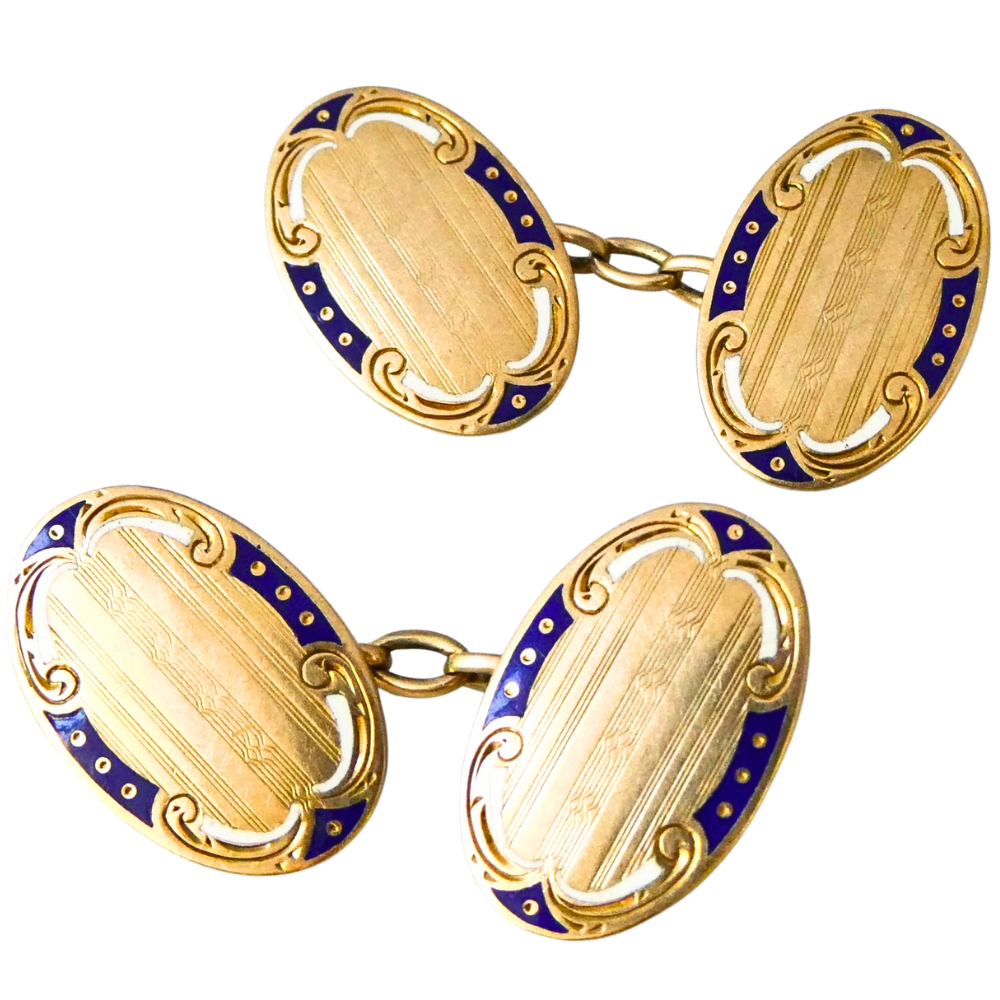 Beryl Lane - Vintage Art Deco 9ct Yellow Gold Blue & White Enamel Cufflinks