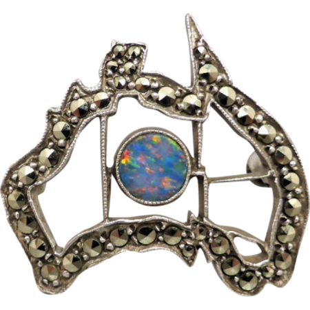 vintage sterling silver opal and marcasite map of australia brooch